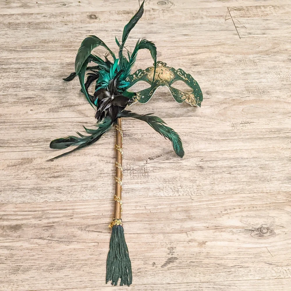 Venetian Cat Eye Ladies Masquerade Ball Mask on a Stick in Dark Emerald Green - Picture 5 of 6